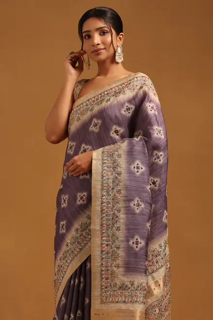 Lavender Tussar Ethnic Motifs Saree With Kantha Embroidery